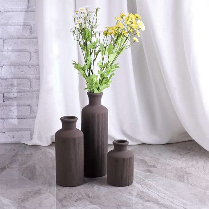 Brown Ceramic Vase Set of 3 – Small Flower Vases, Modern Farmhouse Boho Flower Vases for Home Decor, Rustic Pottery Vases for Centerpieces, Living Room, Shelf, Fireplace, Entryway Decor, Table