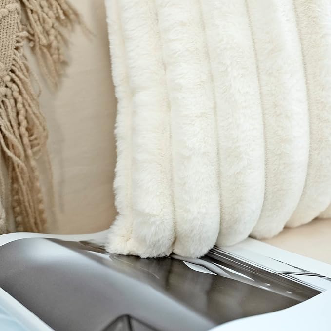 JOJUSIS Pack of 2 Faux Fur Plush Decorative Throw Pillow Covers Couch Cushion Case Soft Pillowcases (White, 12 x 20-Inch)