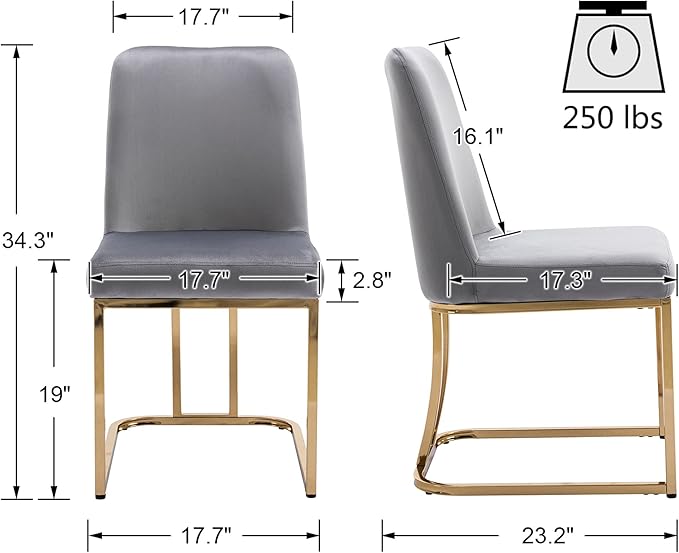 VESCASA Velvet Upholstered Dining Chairs with Back, Mid Century Modern Dining Chairs with Gold Metal Frame for Dining Room, Restaurant, Kitchen, Set of 2, Grey