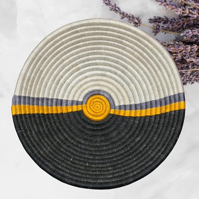 Handwoven African Basket Handmade sisal Fruit Bowl Wall Hanging decorative Baskets for Home Living Room Kitchen Centerpiece Zen Designs Arts and Crafts (Black Yellow Beige, 16in diameter)