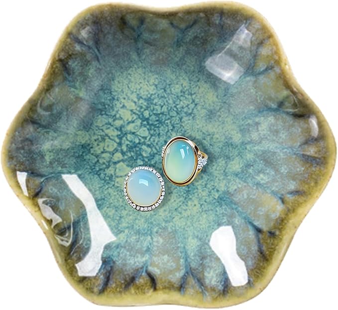 Ceramic Trinket Dish, Ring Tray, Decorative Jewelry Dish, Decoration Plate for Earrings, Rings, Jewelry Dish Holder, Key Bowl, Trinket Tray, Earring Holder for Women (Crystal Green)