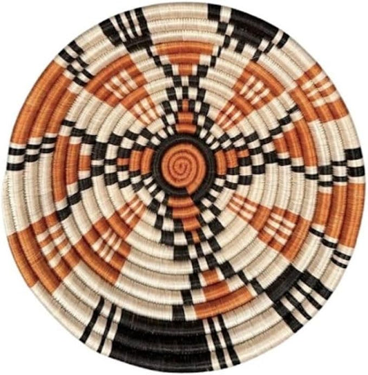 Handwoven African Basket Handmade sisal Fruit Bowl Wall Hanging decorative Baskets for Home Living Room Kitchen Centerpiece Zen Designs Arts and Crafts (Orange Beige, 8in diameter)