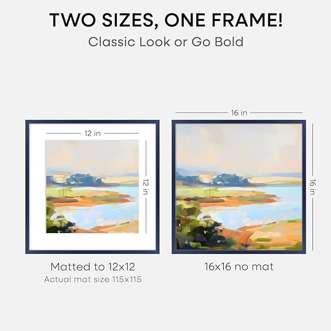 Homeforia 16x16 Picture Frame Navy Blue, High End Metal 16 x 16 Square Poster Frame with Mat 12 x 12 Photo, 16x16 Frame Matted to 12x12 Print, 16by16 Hanging Frames, Tempered Glass, Wall Kit, Set of 1