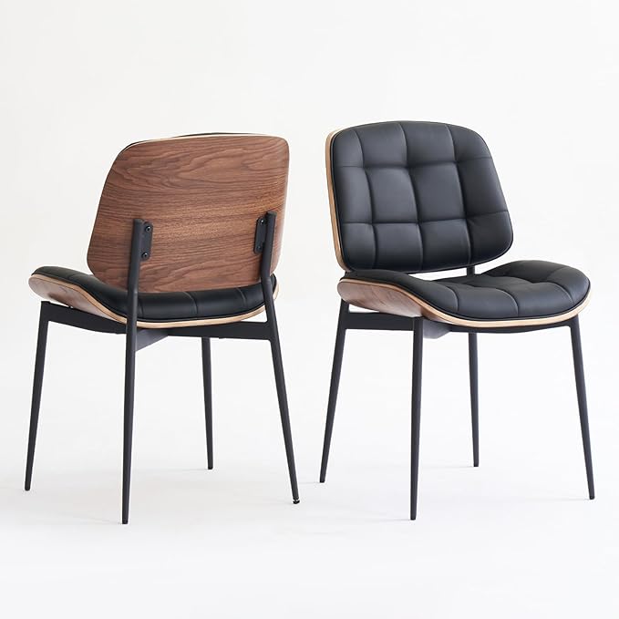 Mid Century Modern Dining Chairs with Walnut Grain Back, Black Faux Leather Dining Room Chairs Set of 4, Checkered Soft Cushion Kitchen Chairs with Adjustable Foot Pads