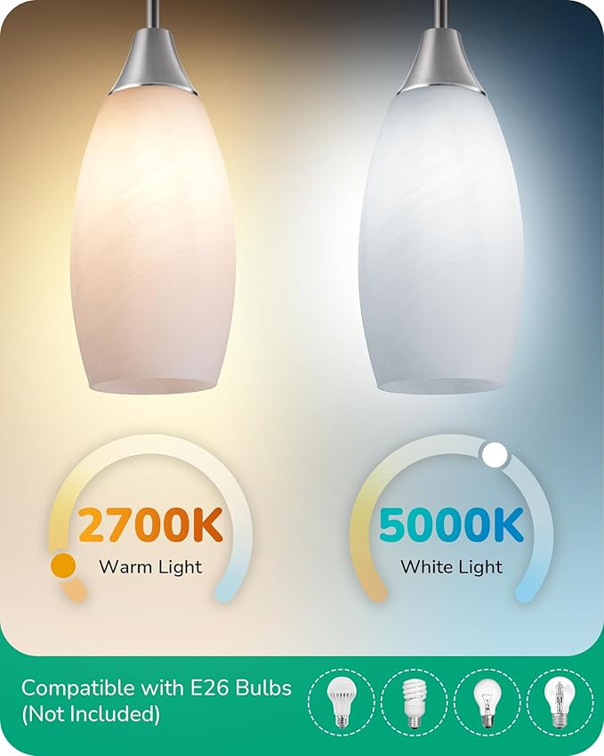 EDISHINE Pendant Light Fixture, Handcrafted Art Glass Hanging Light, Hardwired Ceiling Light, White Marble Glass Shade, Adjustable Brushed Nickel Rods, E26 Base, Pendant Lamp for Kitchen Bathroom Bar