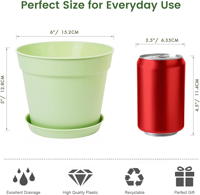 20 Pack 6 Inch Plant Pots with Drainage and Saucers, White Plastic Flower Pots for Indoor and Outdoor Plants, Stackable Nursery Planters for Houseplants and Herbs, Colorful