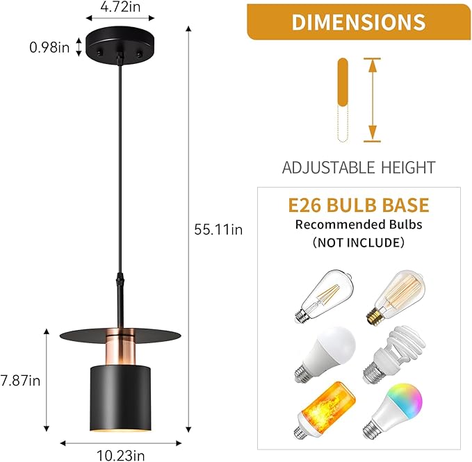 Black Pendant Light Fixture,Modern Hanging Lamp Adjustable Height, Industrial Ceiling Pendant Lighting for Kitchen Island Living Room, Bedroom, Hallway, Bar, Cafes(2-Pack)