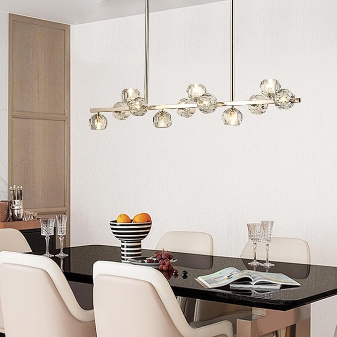 47" Linear Crystal Chandelier, 12 Lights Island Lighting Fixture for Kitchen, Brushed Nickel Modern Chandelier with Crystal Shades for Dining Room