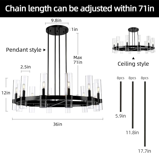 12 Light Black Round Chandelier 36'' Wagon Wheel Chandeliers for Dining Room Light Fixture Clear Glass Tube Chandelier Modern Farmhouse Chandeliers for Living Room Bedroom, Bulb Included