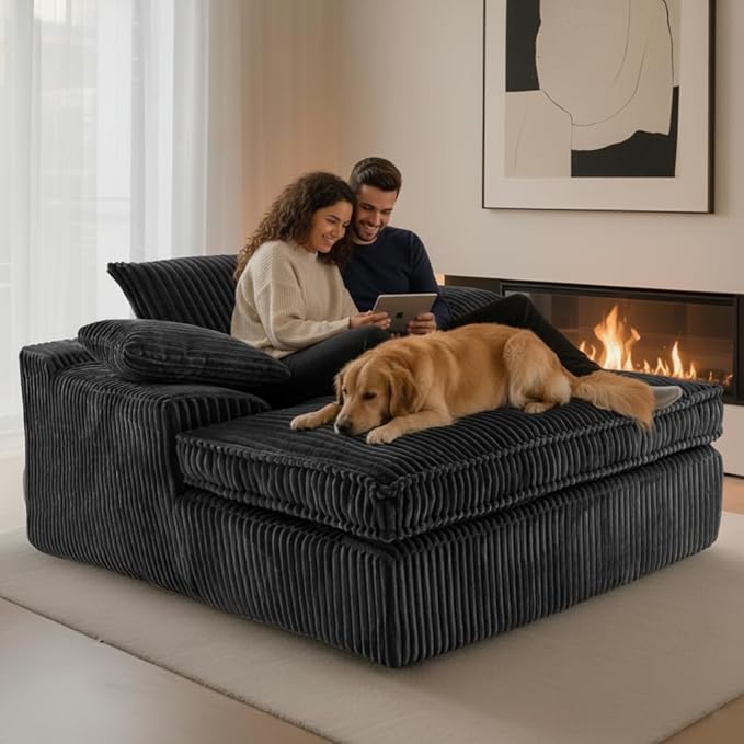 Oversized 67" Chaise Lounge Chair Indoor, Corduroy Upholstered Deep Seat Sofa Couch, Cloud-Soft Boneless Lounger, Comfy Reading Chairs for Living Room & Bedroom, No Assembly Required (Black)