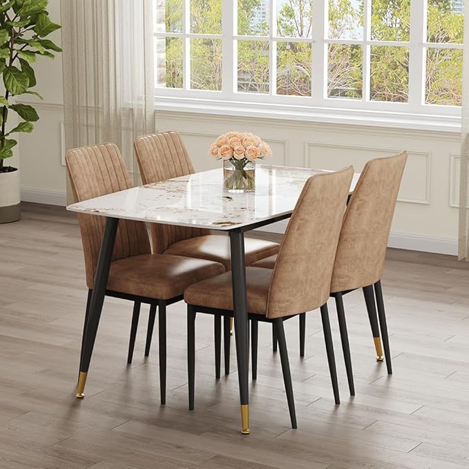 5 Pieces Modern Sintered Stone Dining Table Set 50" Rectangular Faux Marble Tabletop Kitchen Table with 4 PU Leather Chair Dinner Table Set(1Faux Marble Table+4Brown Chairs)