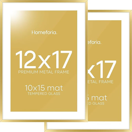 Homeforia 12x17 Picture Frame Gold, High End Metal 12x17 Poster Frames with Mat 10x15 Photo, 12 x 17 Gold Frame Matted to 10 by 15 Print, 17by12 Thin Hanging Frames, Tempered Glass, Wall Kit, Set of 2