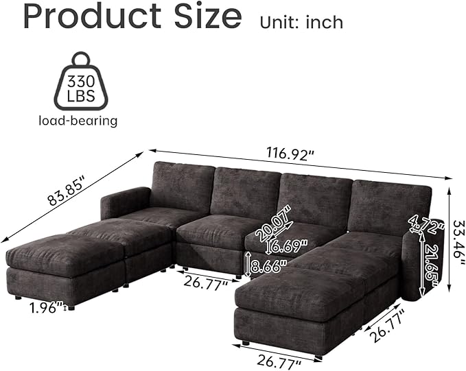 8-Seat Modular Sectional Sofa with 4 Storage Ottomans, Oversized Deep L-Shaped Couch for Living Room, Grey Velvet Family Sofa Set, Modern Apartment Loveseat Sleeper Bed with Extra Comfy Seating