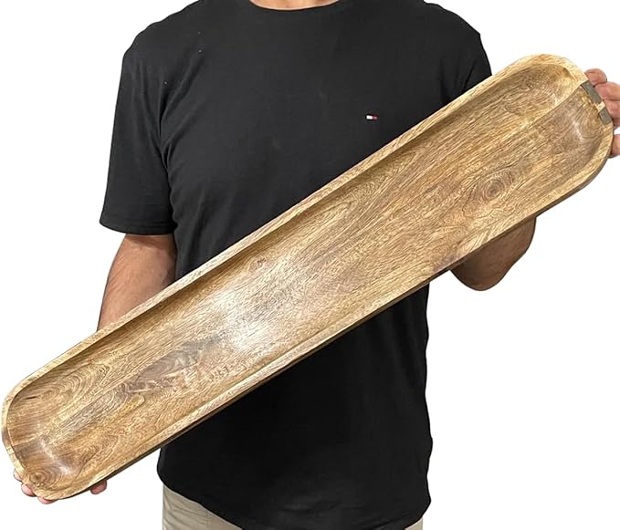 Wooden Dough Bowl - 30'' x 6'' x 3'' - Hand Carved Solid Wood Decorative Tray, Rustic Farmhouse Style, 5.0 oz Capacity - Gift Box Included