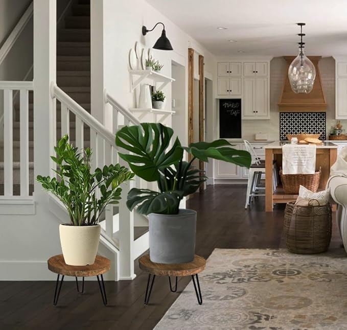 Plant Stand Indoor Outdoor, Wooden plant Stool, Mid Century Plant Stand for Indoor Plants, Wood Modern Plant Holder Rattan Flower, Low Short Boho Rustic Planter Stand Fit 5-15 Inch Pot(M, L)