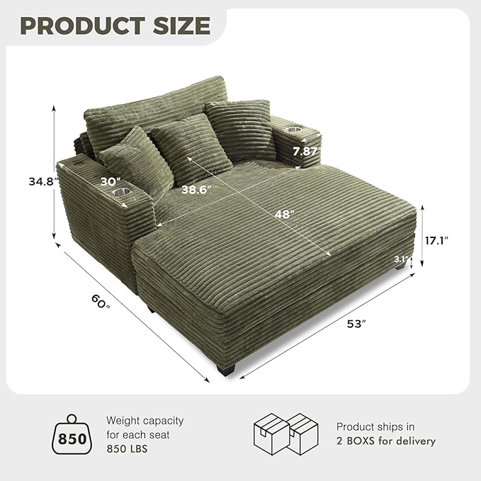 HUSFU 60'' Oversized Chaise Lounge Chair, Upholstered Sofa Bed, Sleeper Couch Reading Chairs with USB Port and Cup Holders,Comfy Cloud Sofas Couches for Living Room,Green