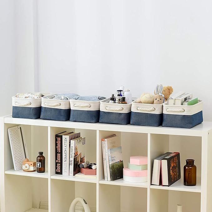 TheWarmHome Storage Bins for Shelves - 12x8x5.2 inch 1 Pack Baskets for Gifts Empty, Fabric Storage Cubes for Closet Organizing Dog Gift Cloth Toy (White & Jean Blue)