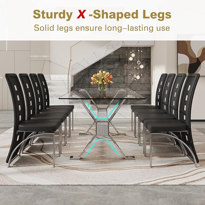 71'' Glass Dining Table Set for 8,9 Piece Dining Table Set with Tempered Glass Tabletop and Open‑Frame X‑Shaped Metal Base,Kitchen Table and Chairs Ideal for Dining Room&Home Office