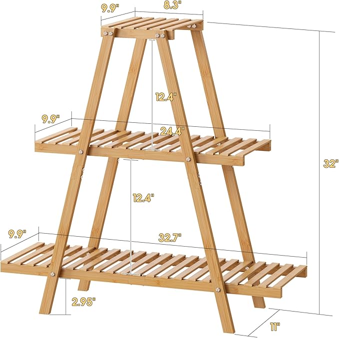 Bamboo Plant Stand - Indoor/Outdoor 3 Tier Plant Ladder, 8 Potted Flower Holder, Natural