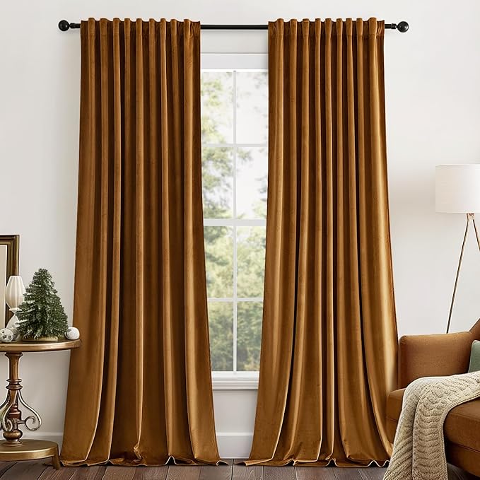MIULEE Gold Brown Velvet Curtains 90 inches Long 2 Panels - Luxury Pinch Pleated Room Darkening Window Drapes for Bedroom Living Room Thermal Insulated Super Soft Blackout, Back Tab Rod Pocket