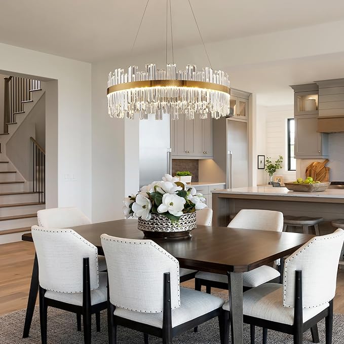 23.6" Dimmable Modern LED Crystal Chandeliers,Gold Chandelier Light Fixture, 3 Colors Contemporary Pendant Ceiling Light for Dining Room Living Room Kitchen Island Entryway Foyer ,With Remote Control