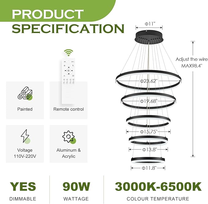 5-Rings Modern LED Chandelier Black High Ceiling Chandelier with Remote Control Dimmable Pendant Lighting for Dining Room Foyer Living Room Entryway Staircase(3000K-6500K, D23.6’’)