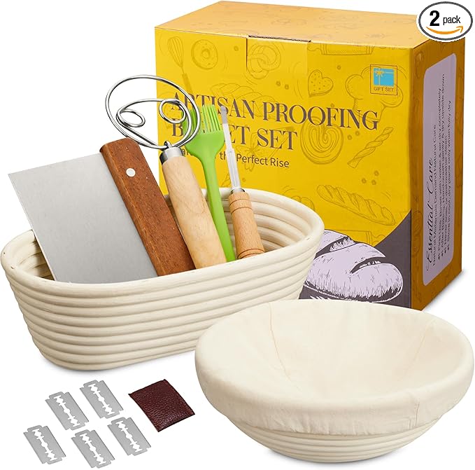 Banneton Bread Proofing Basket - Banneton Basket Set Sourdough Proofing Basket Round Proofing Bowls Handmade Rattan Baskets and Liners (Oval & Round Gift Set)