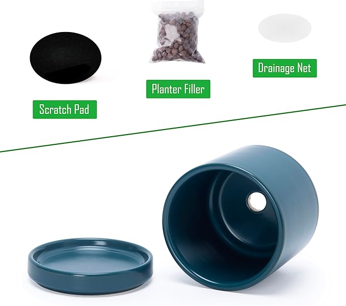 D'vine Dev Set of 4 Small Ceramic Plant Pots, 3.5 Inch Succulent Planter Pot for Plants with Drainage Hole and Saucer, Teal, 94-X-A-9