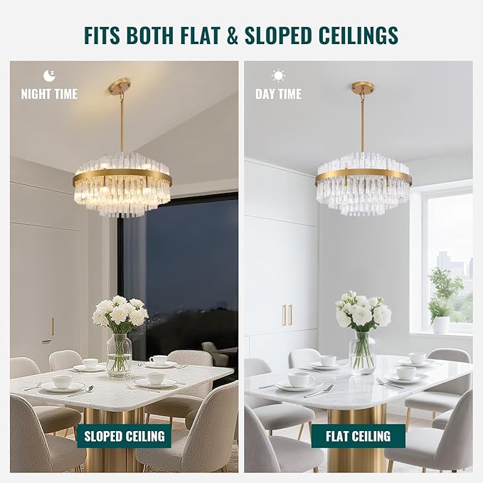 Siljoy 12 Lights Gold Crystal Chandelier for Dining Room, 23.6'' Modern 3-Tiers Raindrop Chandelier with Wave Curved Glass Rods, Luxury Dimmable Crystal Ceiling Light for Living Dining Room Kitchen