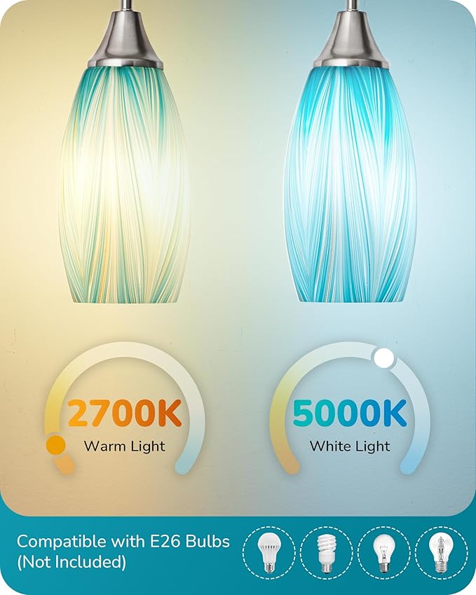 EDISHINE Pendant Lights Kitchen Island, Blue Handcrafted Art Glass Hanging Light, Blown Glass Pendant Light Fixtures Teal with Gold, Adjustable Brushed Nickel Rods, Hardwired Over Island Bar E26