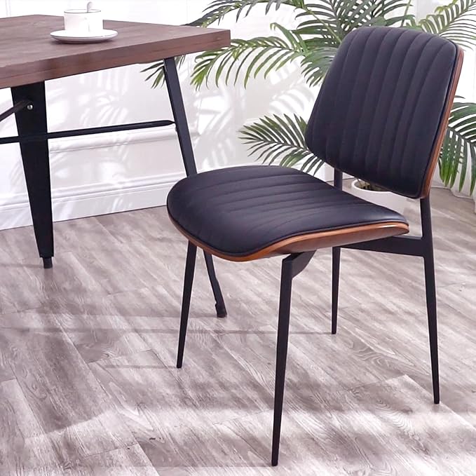LUNLING Dining Chairs Set of 2 Mid Century Modern Retro Faux Leather Chair with Walnut Bentwood Upholstered Seat Metal Legs Chairs,Adjustable Foot for Kitchen Dining Room Chairs(Black)
