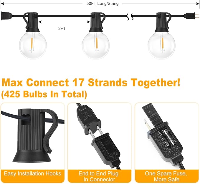 50FT Outdoor G40 LED Globe String Lights Dimmable Waterproof Shatterproof Light Strings with 25 Bulbs Connectable Commercial Hanging Lights for Christmas Patio House Backyard Balcony Party