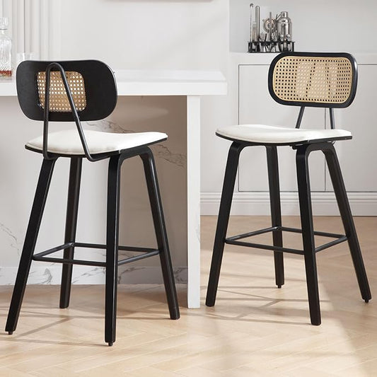 Counter Height Bar Stools Set of 2, 26" PU Leather Upholstered Rattan Barstools, Mid Century Modern Bar Chairs with Black Wood Legs, Armless Walnut Kitchen Island Dining Bar Chair, White
