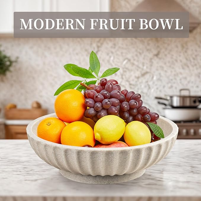 Large Decorative Bowl - Fruit Bowl for Kitchen Counter - Modern Decorative Bowl for Home Decor,Key Bowl for Entryway Table - Artificial Stone Beige