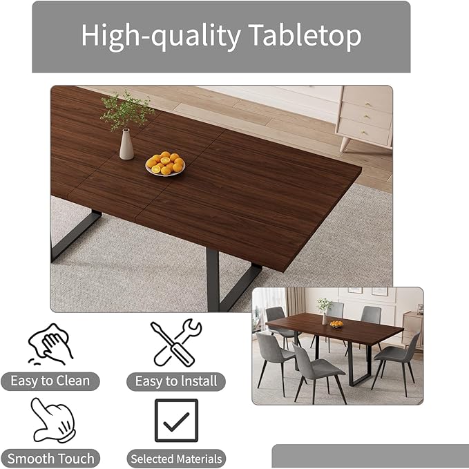 ZckyCine 63"-79" Modern Walnut Dining Table Set for 6 with 6 PU Leather Chairs, Extendable Wood Kitchen Table & Chair Set, Dining Room Furniture for Home, 6-Person Expandable Table