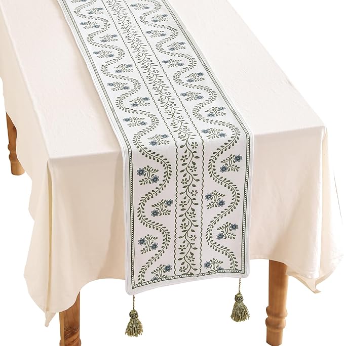 Designer White Elegant Linen Table Runner 102 Inches Long,Chinoiserie Floral Decor Durable Table Runners for Dining Tables,Thanksgiving,Kitchen Tables,Christmas,12"*102"-Mosella D