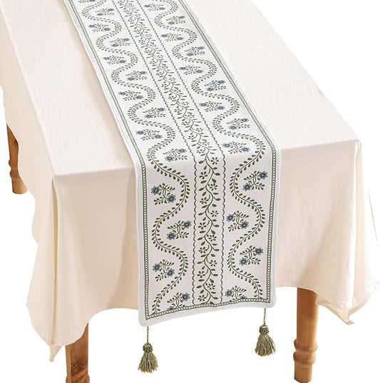 Designer White Elegant Linen Table Runner 102 Inches Long,Chinoiserie Floral Decor Durable Table Runners for Dining Tables,Thanksgiving,Kitchen Tables,Christmas,12"*102"-Mosella D