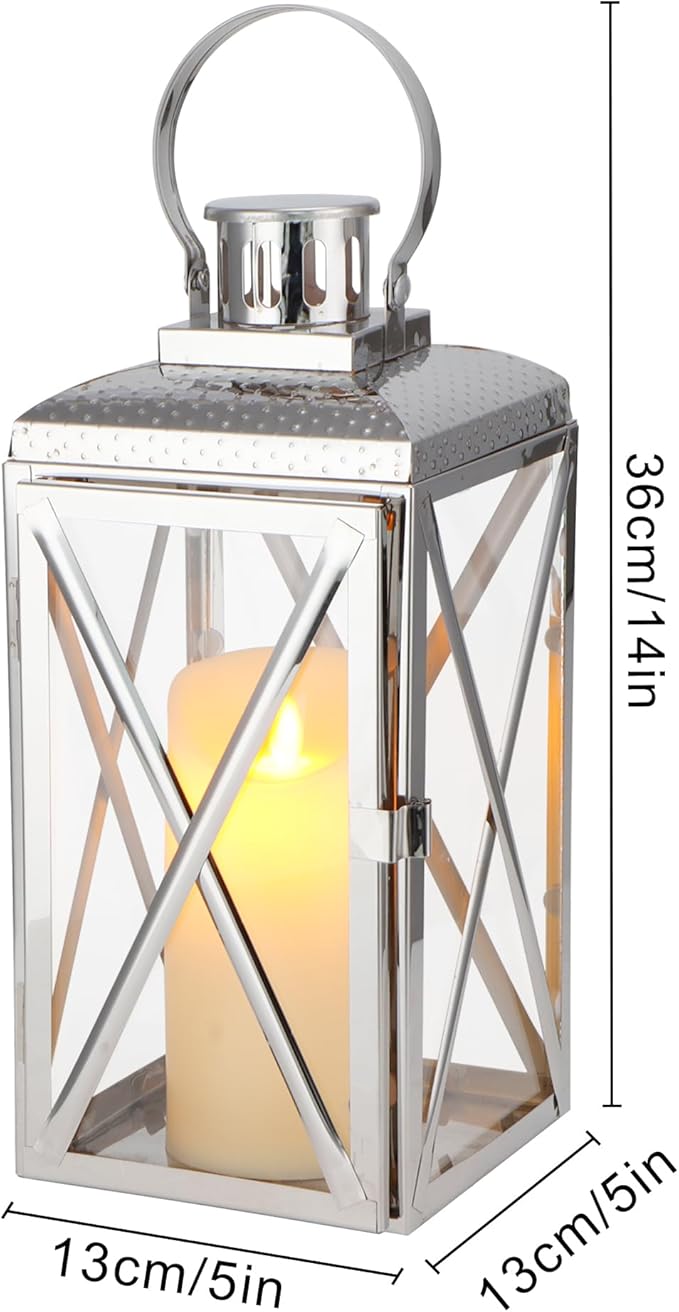 TRIROCKS 14" H Stainless Steel Lantern Square Elegance Metal Candle Lanterns Candle Holder with Tempered Glass for Home Garden Indoor Outdoor Decor Celebratory