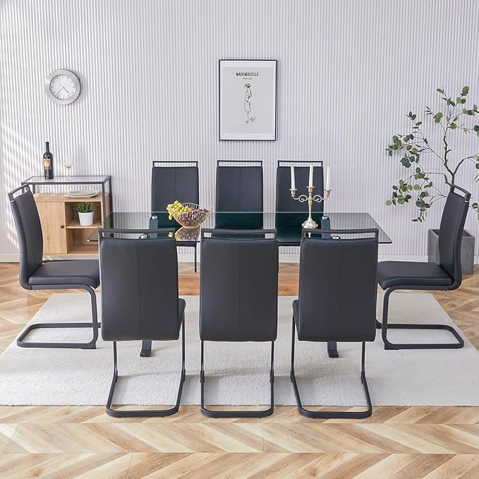 9 Piece Glass Dining Table Set, Kitchen Table Chairs Set for 8, 71'' Dining Table with 0.4" Tempered Glass Tabletop with Plated Metal Legs and MDF Crossbar, 8 PU Chairs for Dining Room, Kitchen.