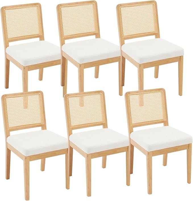 LukeAlon Farmhouse Rattan Dining Chairs Set of 6, Mid Century Modern Chenille Kitchen & Dining Chairs with Solid Wood Legs, Woven Cane Upholstered Kitchen Chairs Side Chairs for Dining Room, White