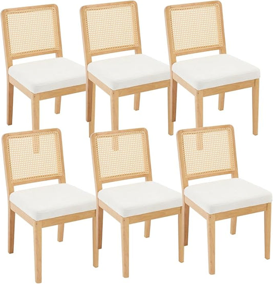 LukeAlon Farmhouse Rattan Dining Chairs Set of 6, Mid Century Modern Chenille Kitchen & Dining Chairs with Solid Wood Legs, Woven Cane Upholstered Kitchen Chairs Side Chairs for Dining Room, White