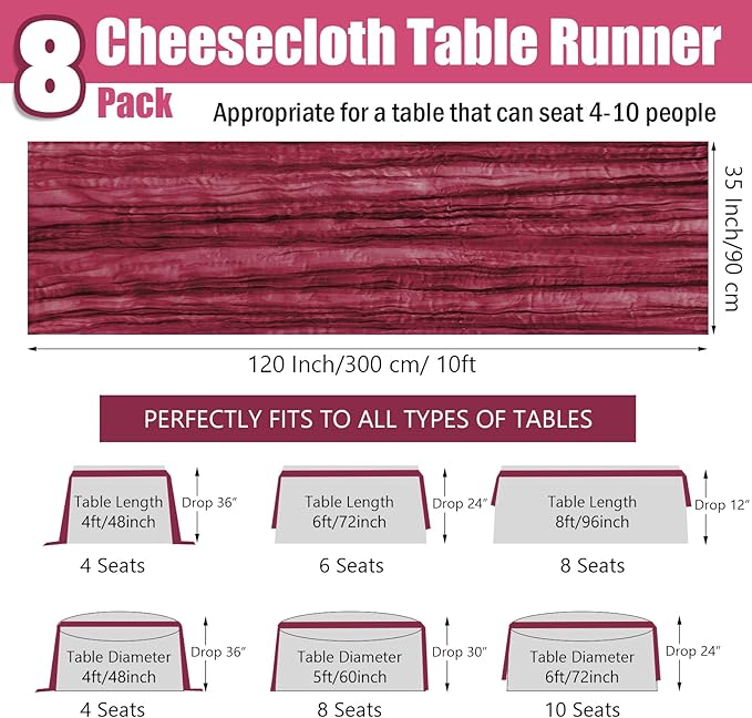 8 Pack 10 ft Burgundy Cheesecloth Table Runner 35x120 Inches Boho Gauze Rustic Cheese Cloth Runners Long Romantic Sheer Table Runner for Wedding Bridal Shower Party Christmas Birthday Decor