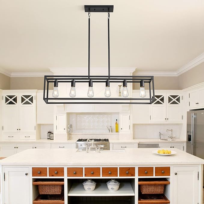 Black Farmhouse Kitchen Island Lighting, Modern Industrial Chandelier, 6-Light Linear Rectangular Pendant Light Fixtures for Farmhouse Kitchen Dining Room Bar Foyer(Metal, Height Adjustable)
