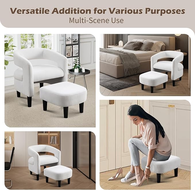 INZOY Modern Accent Chair with Ottoman for Small Space, Club Chair with Ottoman Set, Comfy Fabric Barrel Reading Chairs for Living Room Bedroom, Round Reading Chair with Foot Rest, White