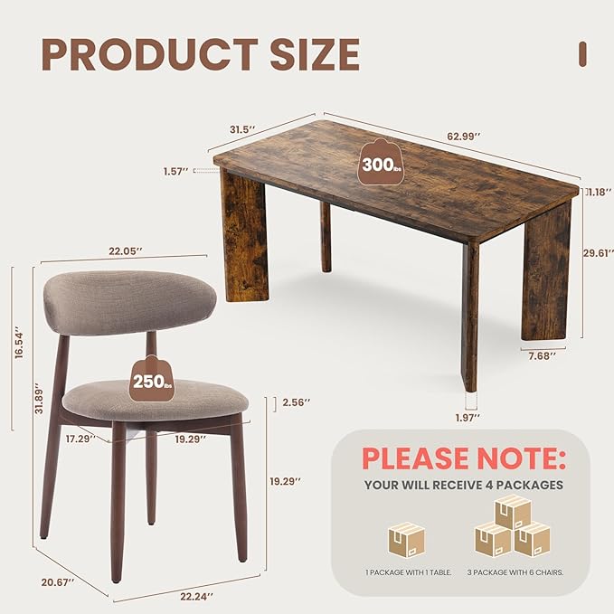 7-Piece Rectangular Dining Table Set for 6, 63" Industrial Kitchen Table with 6 Wooden Upholstered Dinner Chairs for Dining Room, Kitchen, Living Room, Brown+Camel