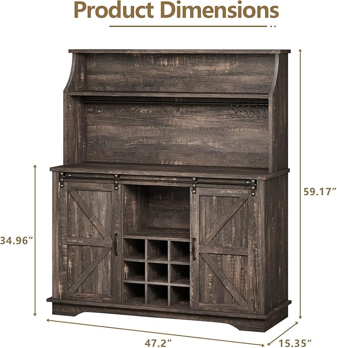 47 Inch Farmhouse Coffee Bar Cabinet with 3-Tier Storage, Coffee Bar Hutch with 9 Wine Racks, 3 Glass Holders, 6 Hooks, Kitchen Storage Cabinets for Dining Living Room, Oak