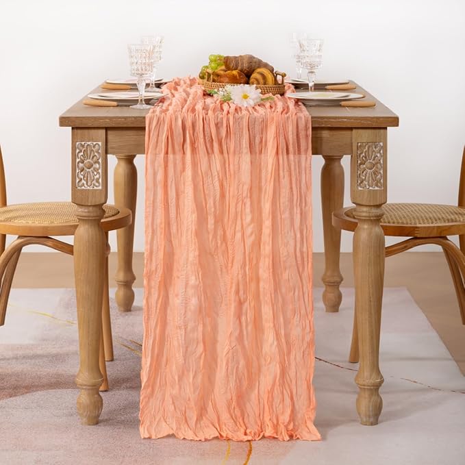 MLMC Peach Pink Cheesecloth Table Runner 10ft Rustic Fall Gauze Coral Cheese Cloth Table Runner 35x120 Inches for Wedding Bridal Baby Shower Thanksgiving Party Decor