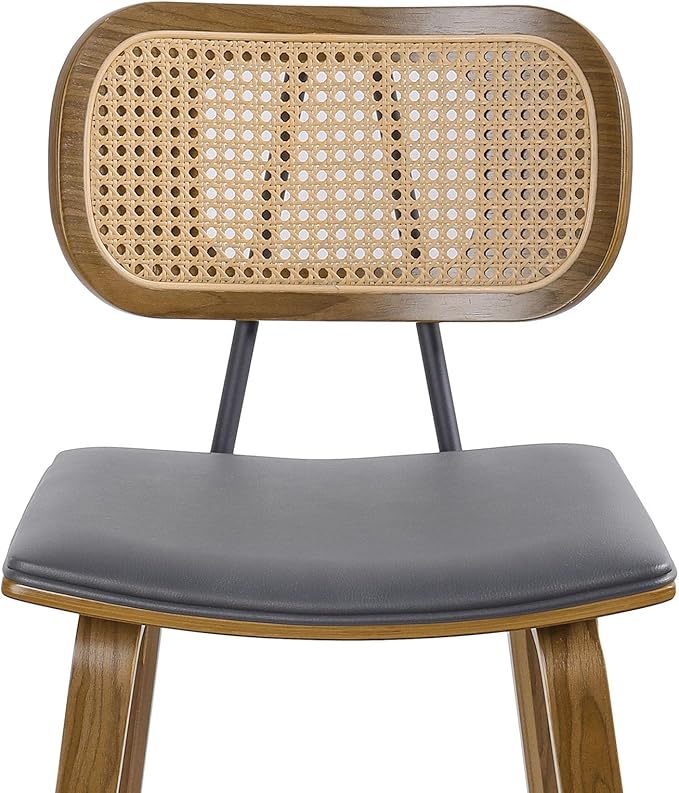 Counter Height Bar Stools, Mid Century Modern Rattan Counter Stools, 26" Wood Kitchen Stool PU Leather Upholstered Barstools with Rattan Back, Counter Height Island Dining Bar Chair, Grey