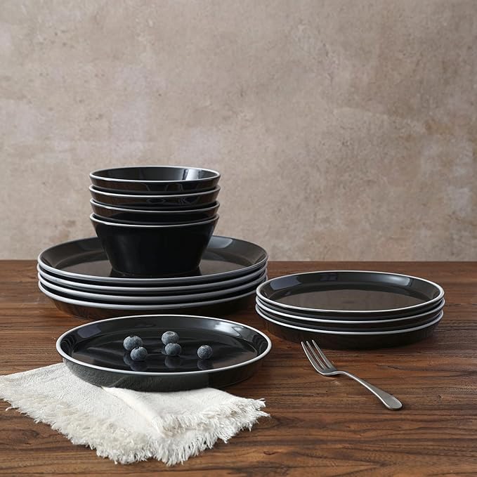 Famiware Saturn Dinnerware Sets, Plates and Bowls Sets for 4, 12 Pieces Stoneware Dish Set - Chip and Scratch Resistant, Microwave and Dishwasher Safe Tableware Set, Black with Rim