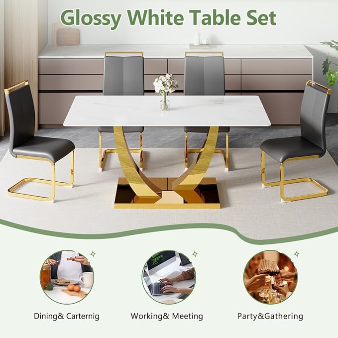 63” Dining Room Table Set for 4,Modern Gold Dining Table Set for 4, Rectangle Kitchen Table Set with Leather Chairs, White Faux Marble Dinner Table Set with Tempered Glass Top and Golden Base